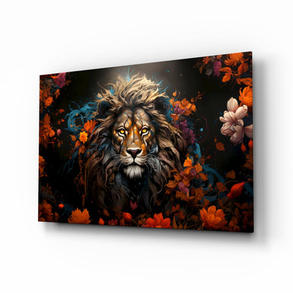 Floral crown lion glass wall art crimson and gold bloom mane tempered glass