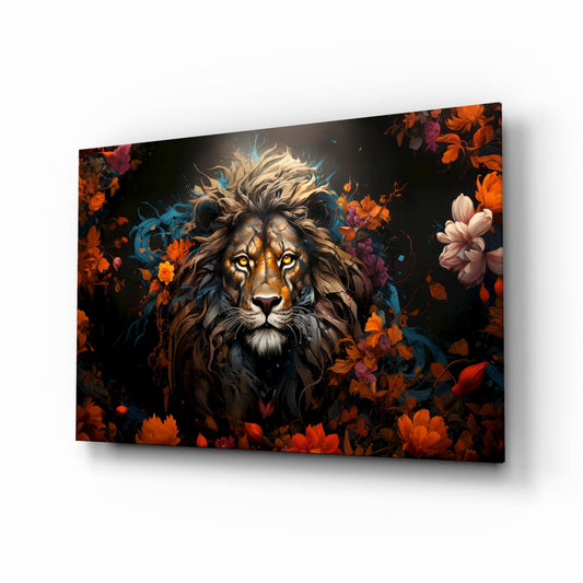 Floral crown lion glass wall art crimson and gold bloom mane tempered glass