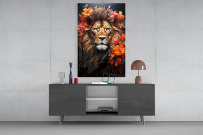 Floral Crown Lion Glass Wall Art