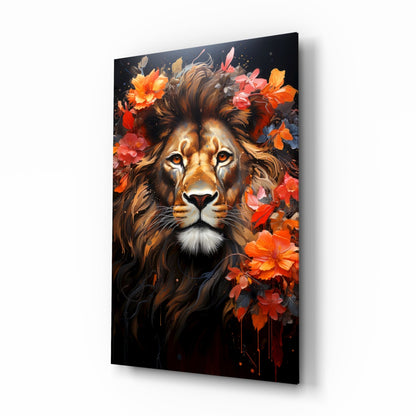 Floral crown lion glass wall art