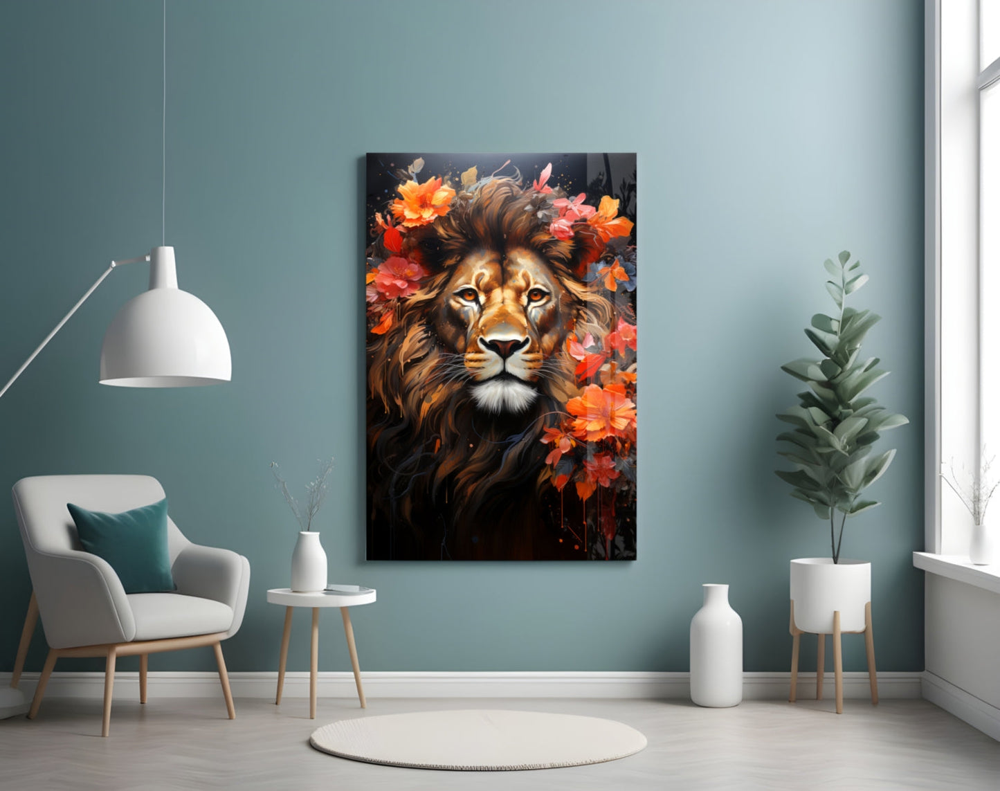 Floral Crown Lion Glass Wall Art