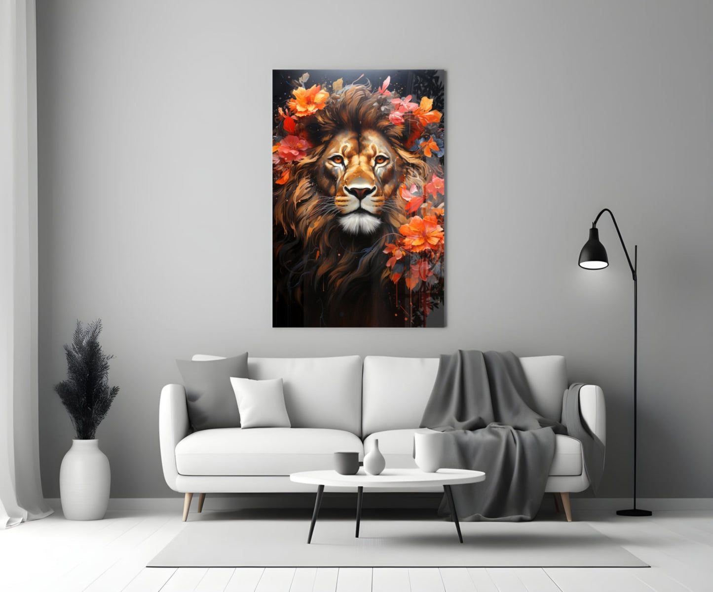 Floral Crown Lion Glass Wall Art