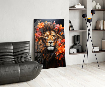 Floral Crown Lion Glass Wall Art