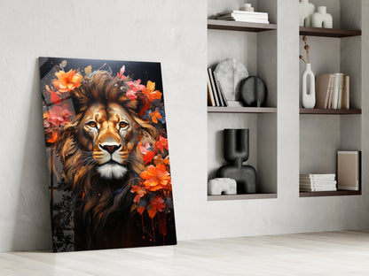 Floral Crown Lion Glass Wall Art