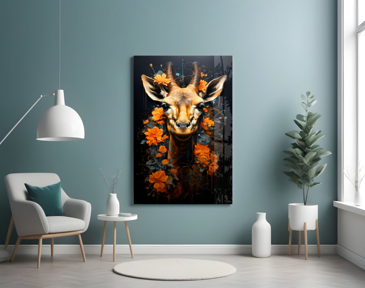 Floral Antelope Portrait Glass Wall Art