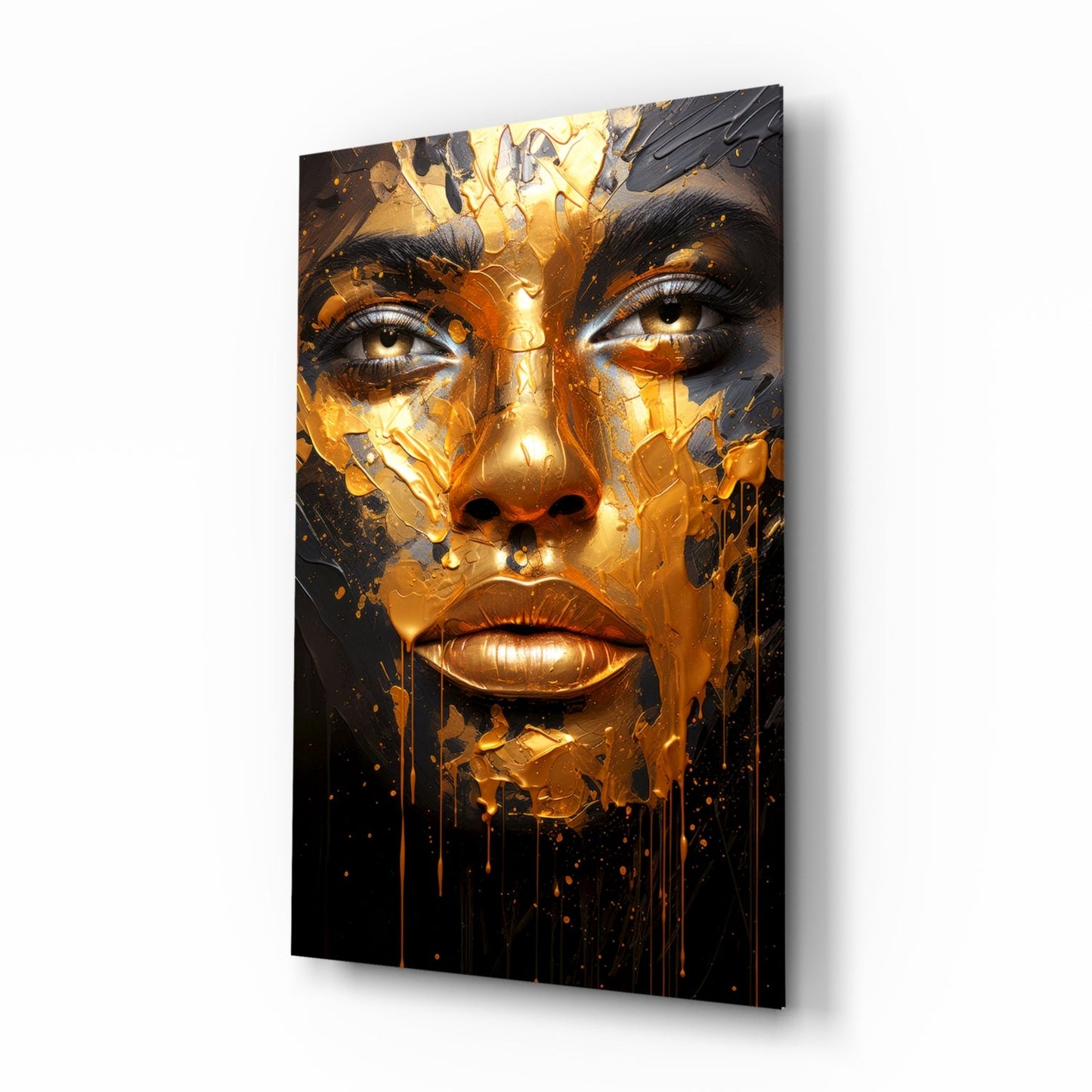 Molten gold woman glass wall art, surreal face half-covered in liquid gold on black