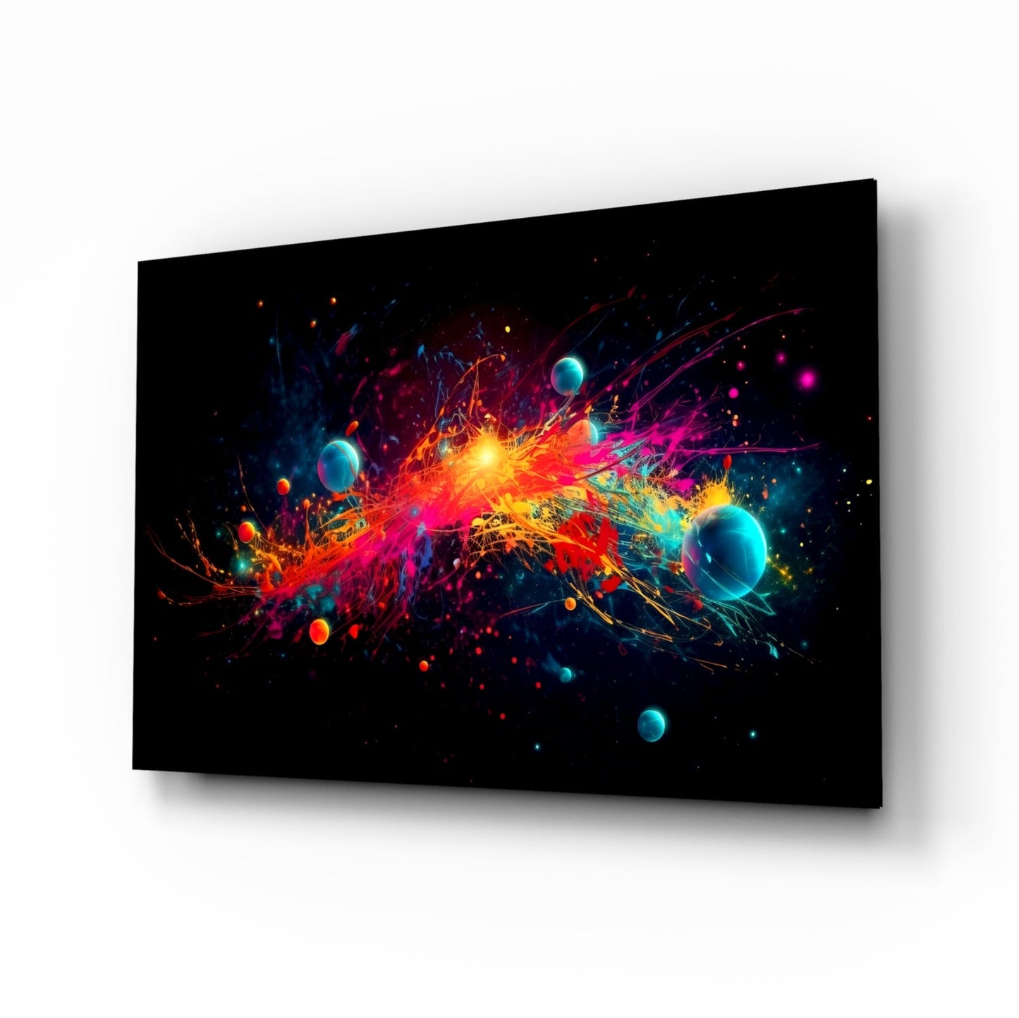 Neon paint burst with planets glass wall art