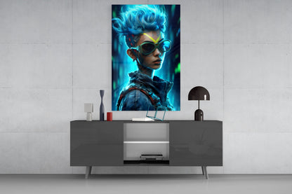 Mohawk Cyber Girl Neon Visor Glass Wall Art