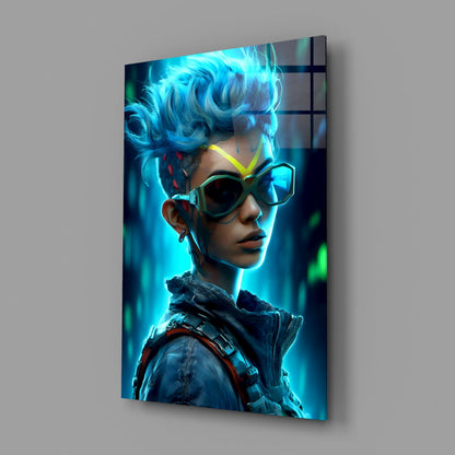 Mohawk Cyber Girl Neon Visor Glass Wall Art