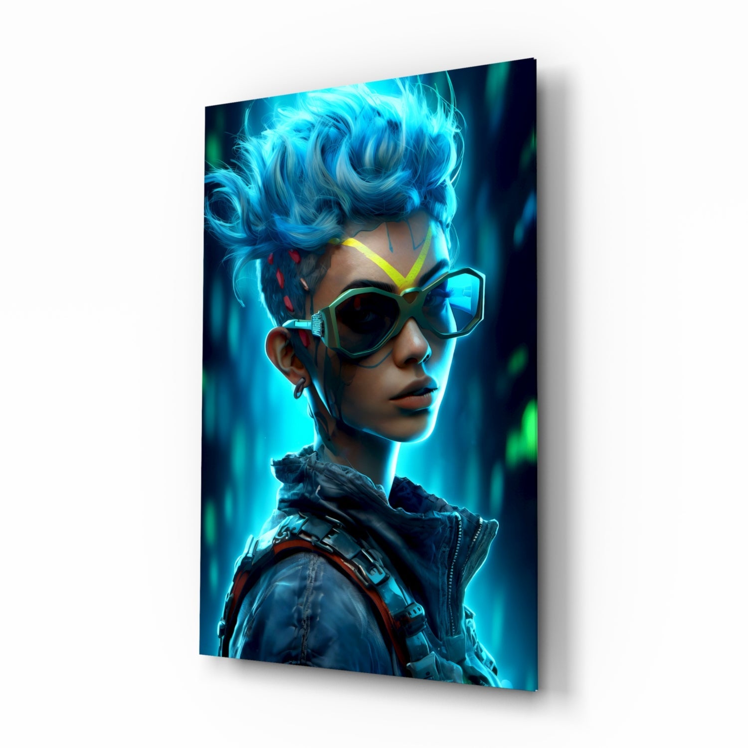 Mohawk Cyber Girl Neon Visor Glass Wall Art