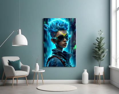 Mohawk Cyber Girl Neon Visor Glass Wall Art