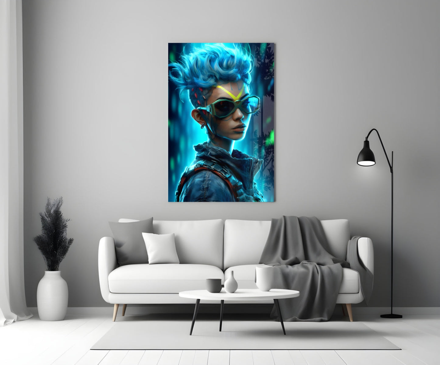 Mohawk Cyber Girl Neon Visor Glass Wall Art