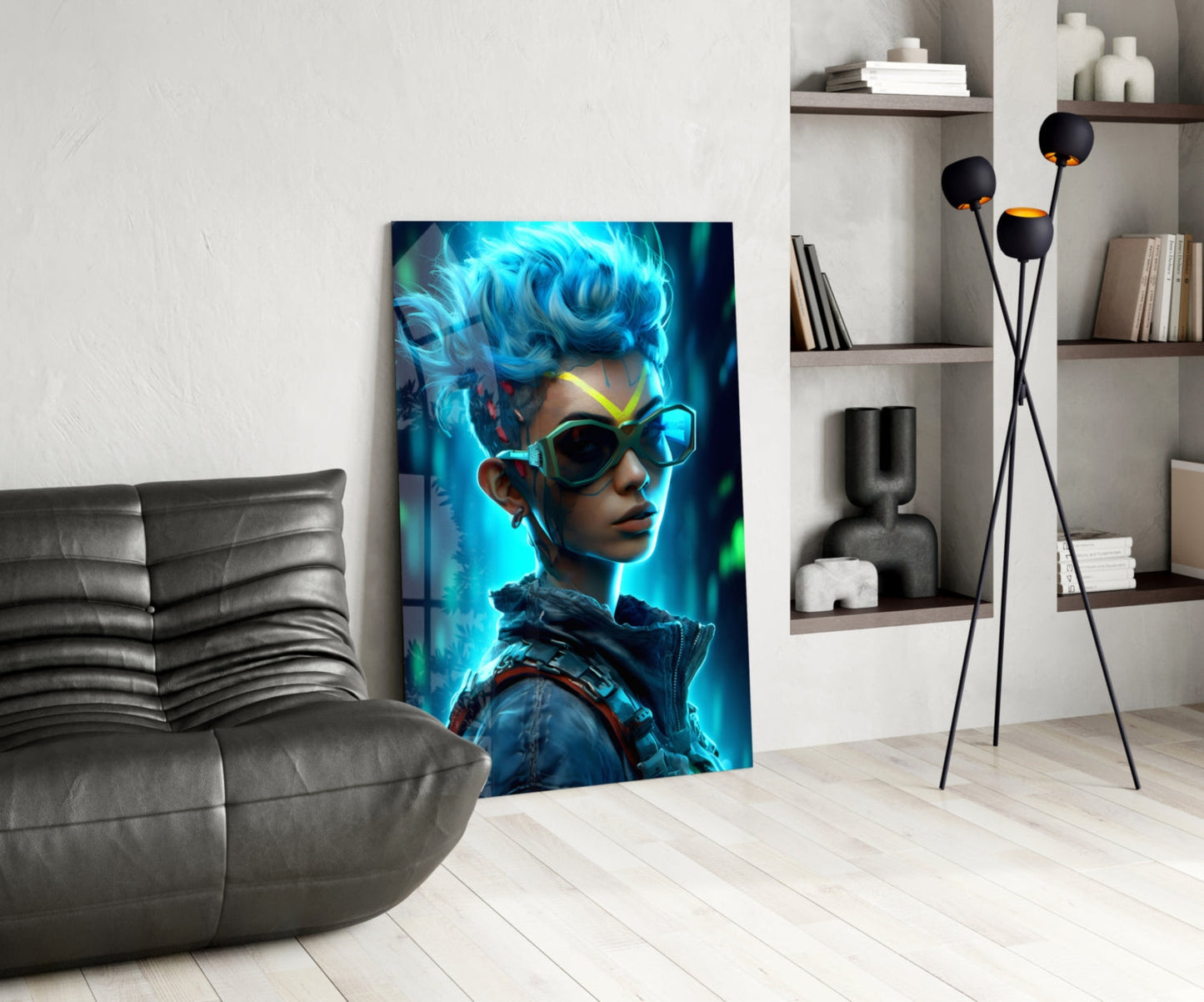 Mohawk Cyber Girl Neon Visor Glass Wall Art