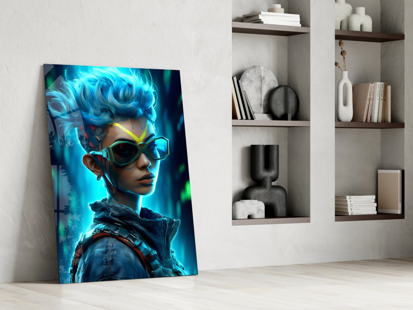 Mohawk Cyber Girl Neon Visor Glass Wall Art