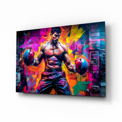 Boxer pop art glass wall art with neon magenta and cyan splash