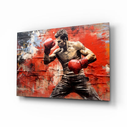 Boxer grunge glass wall art in scarlet and charcoal tones