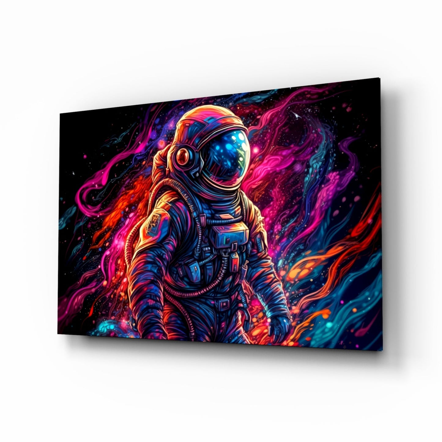 Nebula Cloud Astronaut Glass Wall Art in magenta and cyan