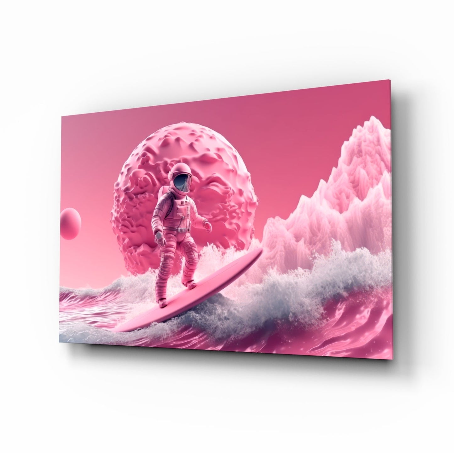 Pinky space glass wall art astronaut surf