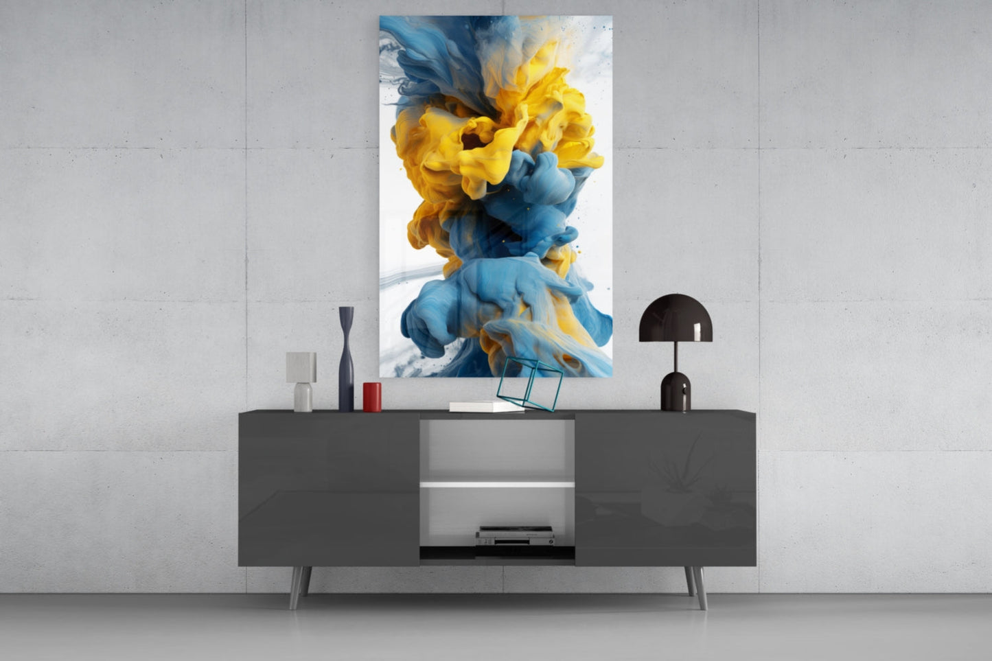 Blue Yellow Ink Swirl Glass Wall Art