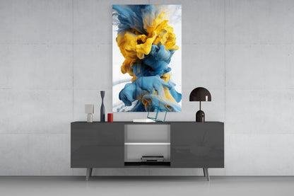 Blue Yellow Ink Swirl Glass Wall Art