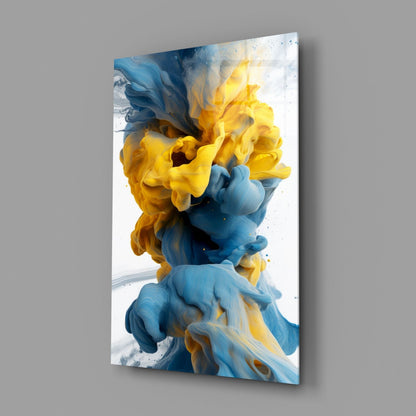 Blue Yellow Ink Swirl Glass Wall Art
