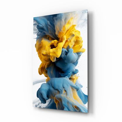 Blue yellow ink swirl glass wall art