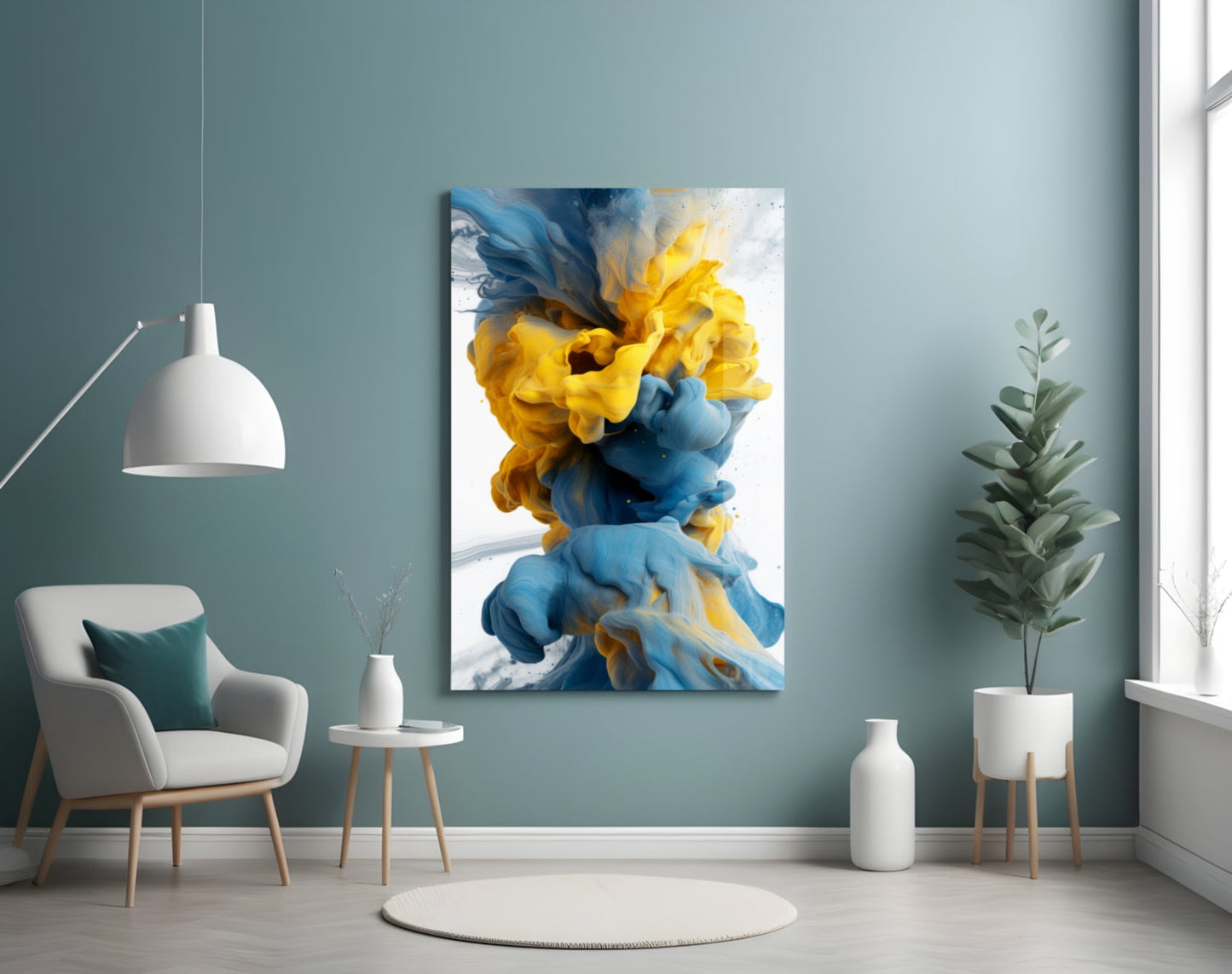 Blue Yellow Ink Swirl Glass Wall Art