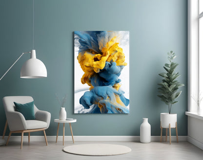 Blue Yellow Ink Swirl Glass Wall Art
