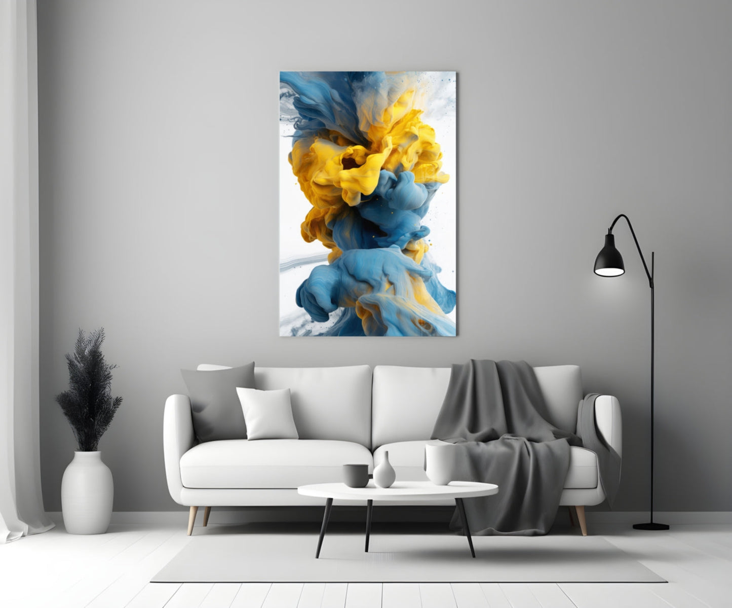 Blue Yellow Ink Swirl Glass Wall Art