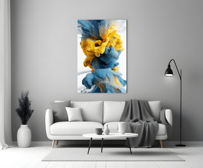 Blue Yellow Ink Swirl Glass Wall Art