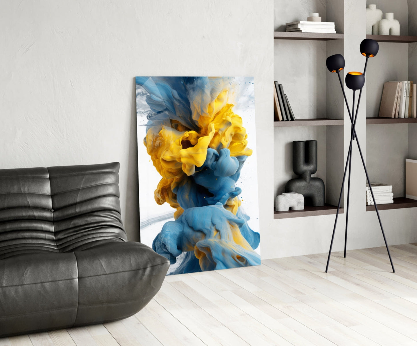Blue Yellow Ink Swirl Glass Wall Art