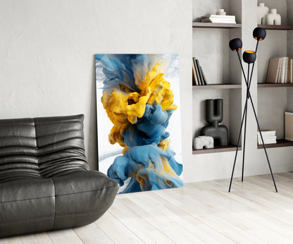 Blue Yellow Ink Swirl Glass Wall Art