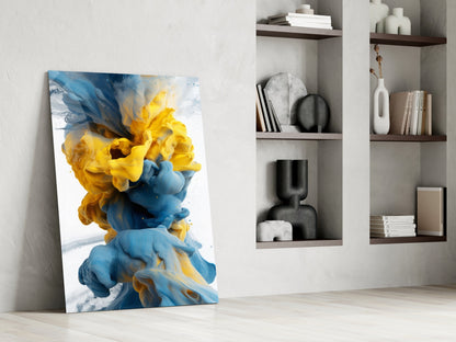 Blue Yellow Ink Swirl Glass Wall Art