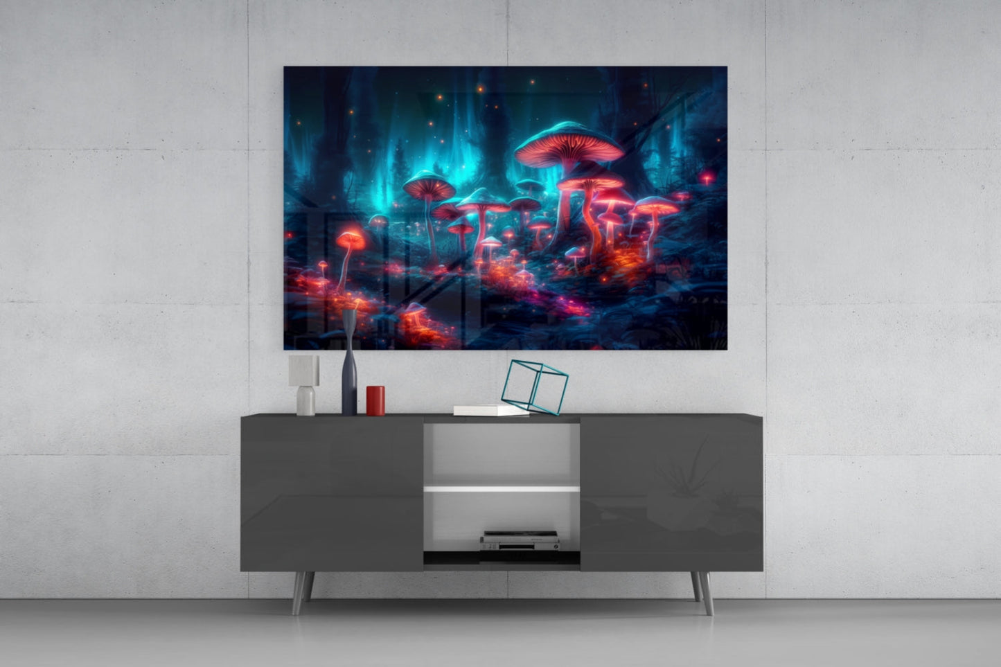 Neon Mushroom Forest Glass Wall Art