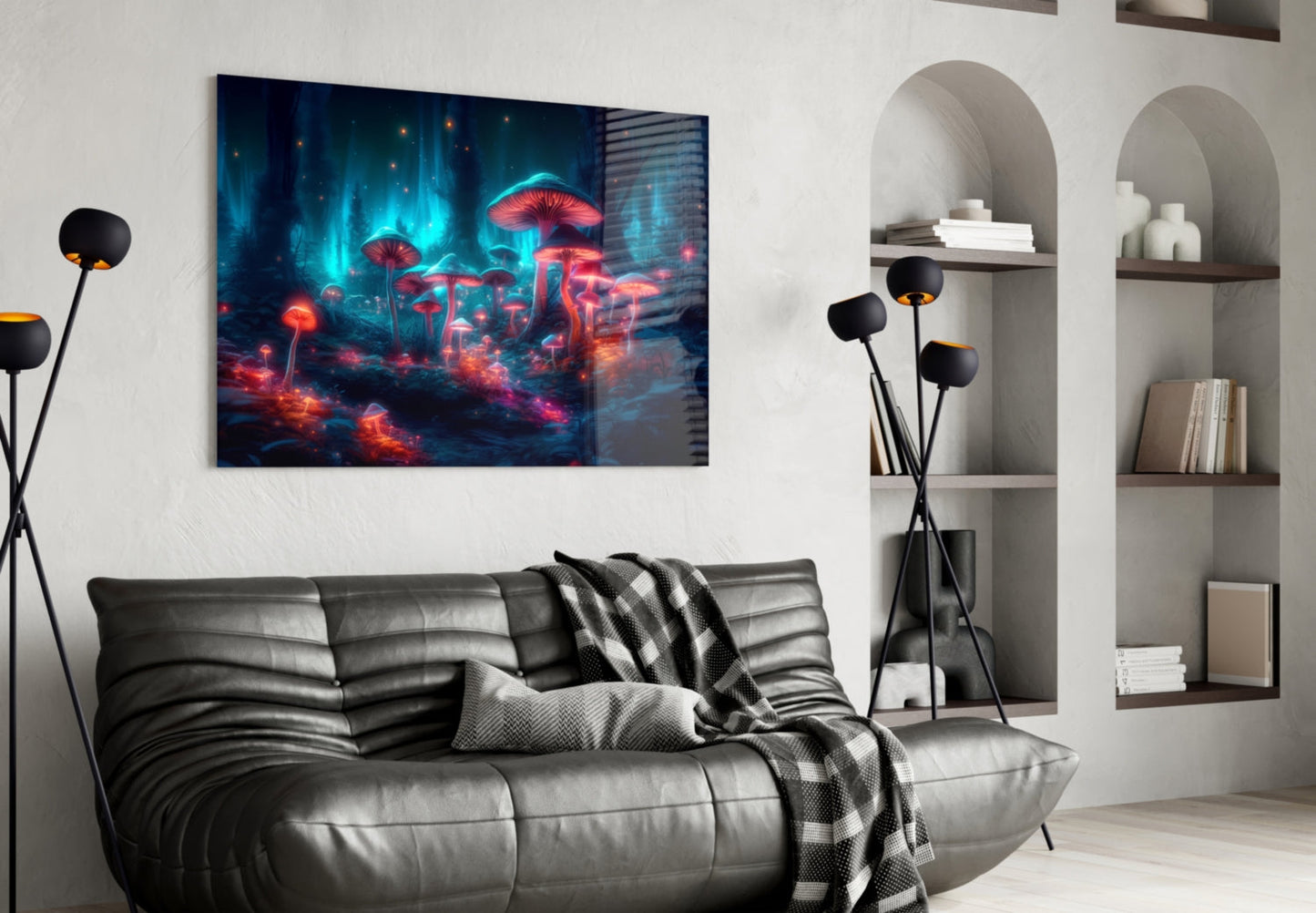 Neon Mushroom Forest Glass Wall Art