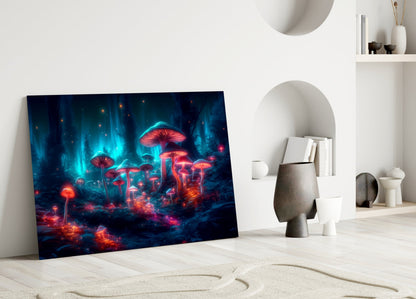 Neon Mushroom Forest Glass Wall Art