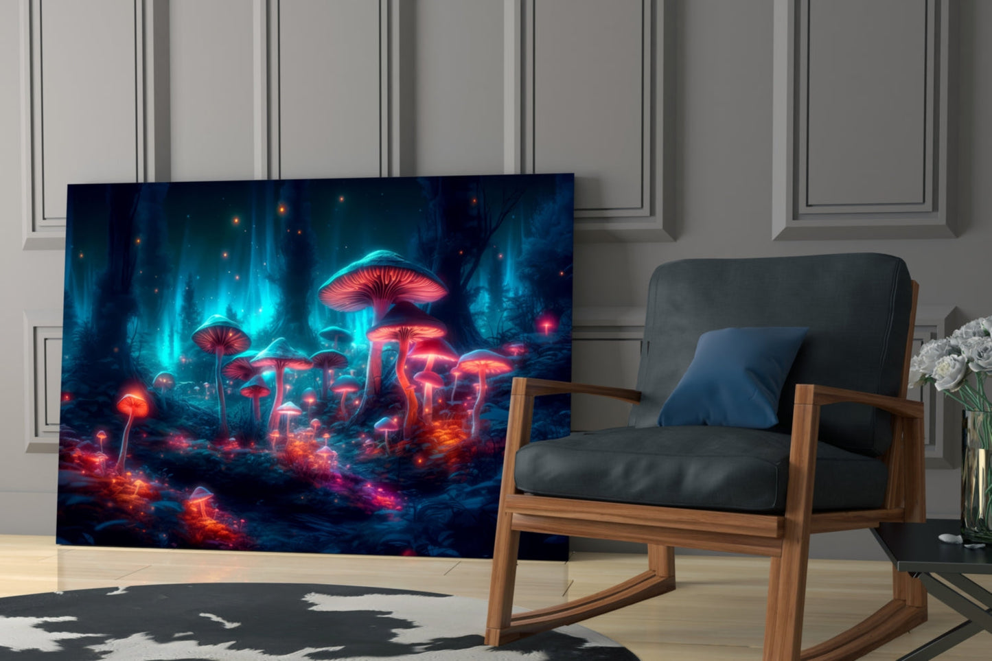 Neon Mushroom Forest Glass Wall Art