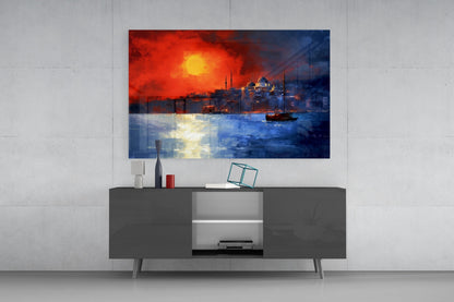 Crimson Istanbul Skyline Glass Wall Art