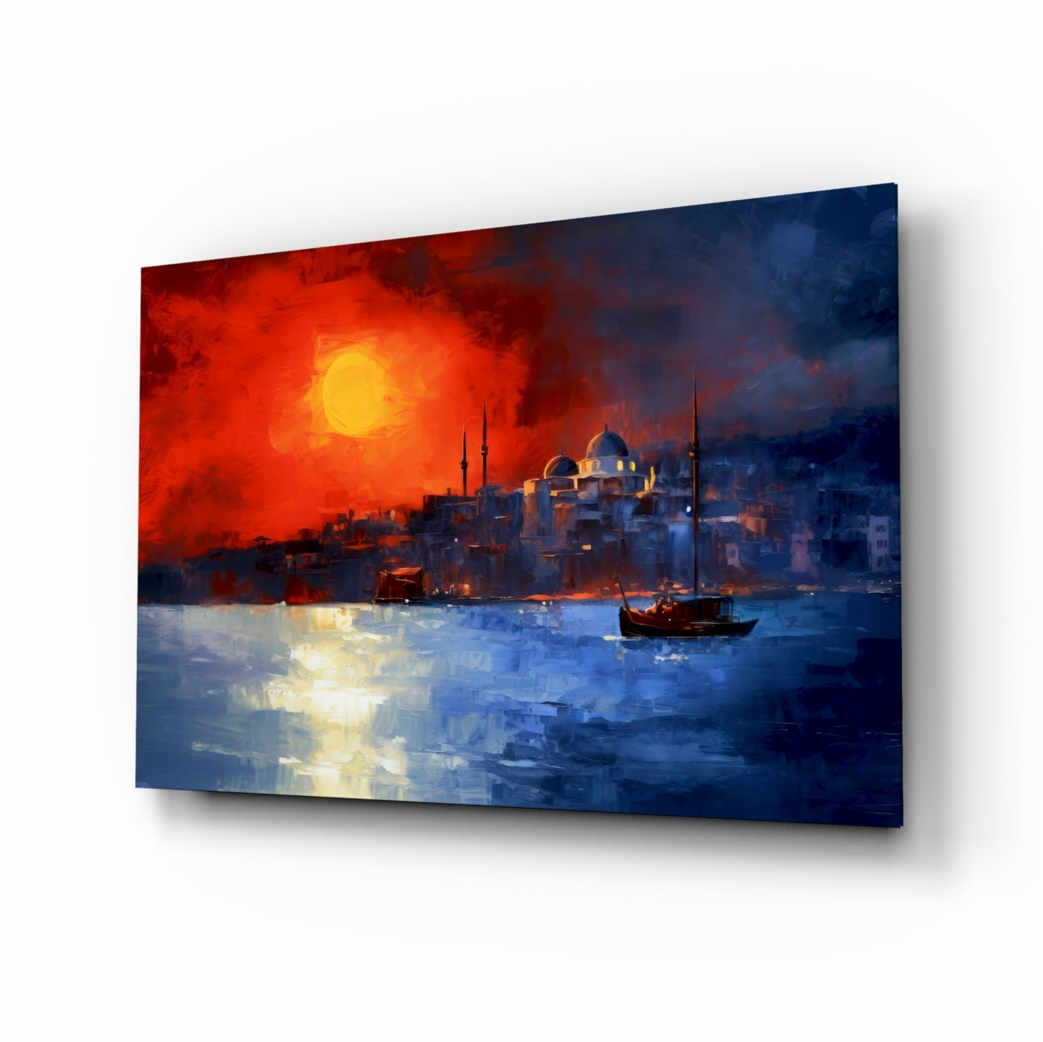 Crimson Istanbul skyline glass wall art with polished finish