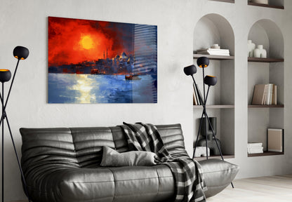 Crimson Istanbul Skyline Glass Wall Art