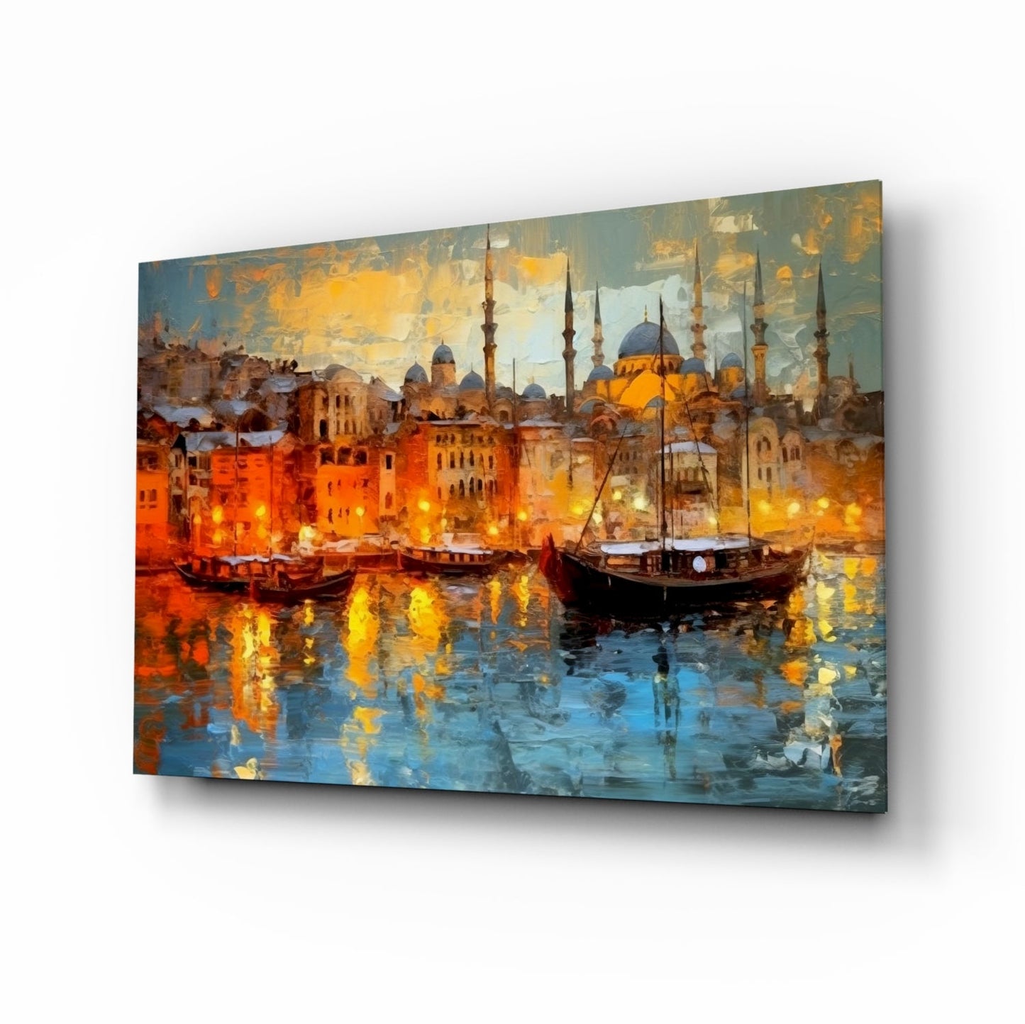 Istanbul glass wall art, harbor cityscape design