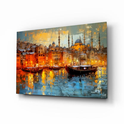 Istanbul glass wall art, harbor cityscape design