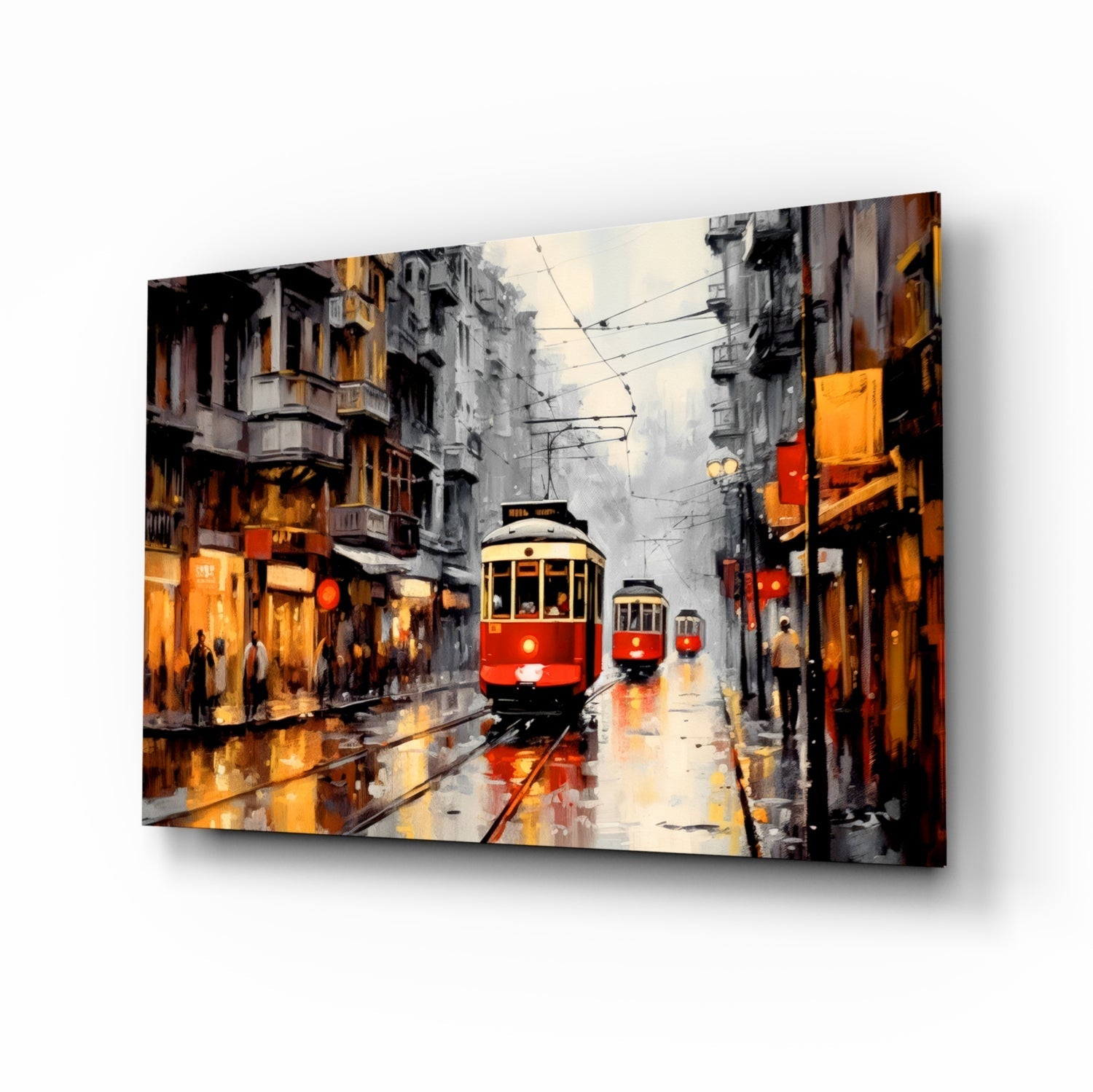 Vintage tram cityscape glass wall art print