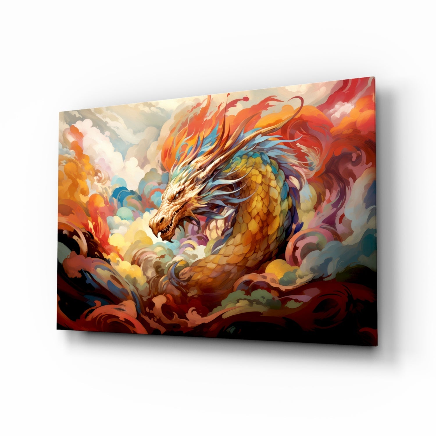 Golden Dragon swirling clouds glass wall art