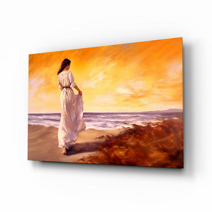 Beach Walk glass wall art woman walking shoreline scene