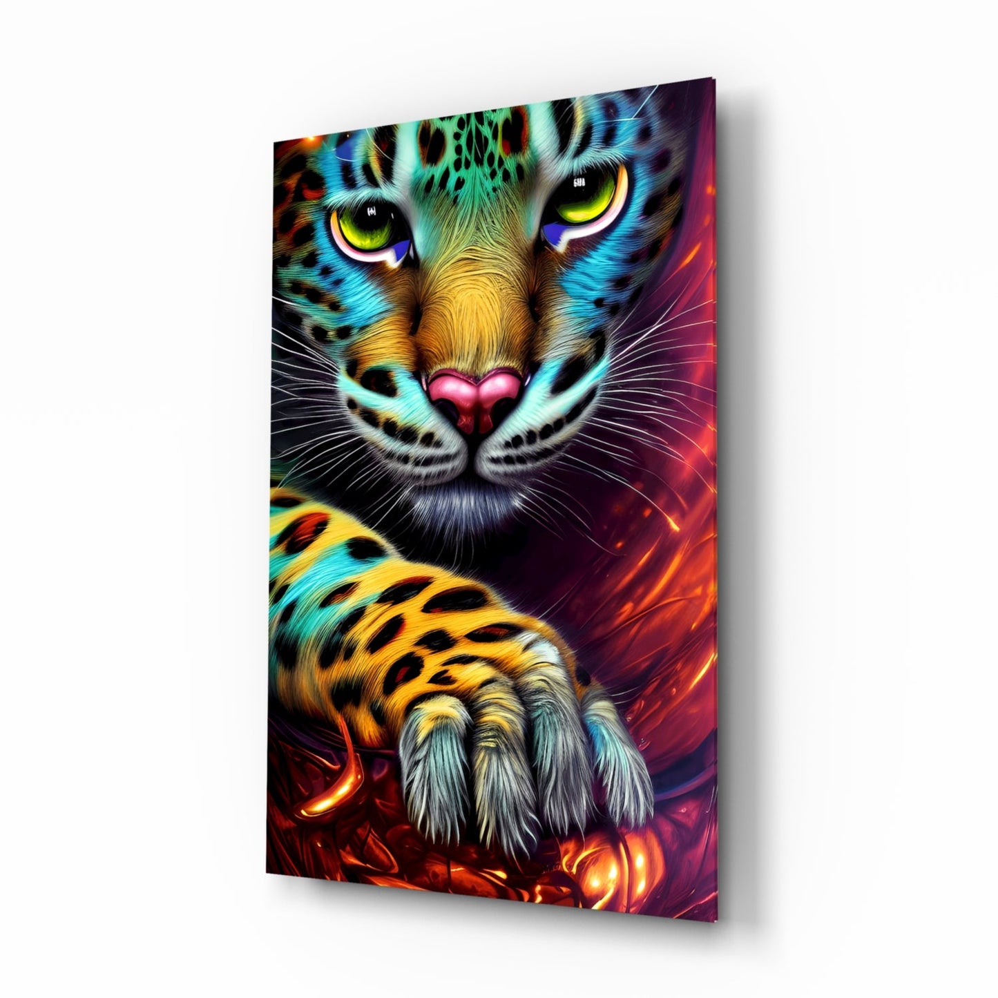 Leopard glass wall art in turquoise and crimson pop-fantasy portrait style