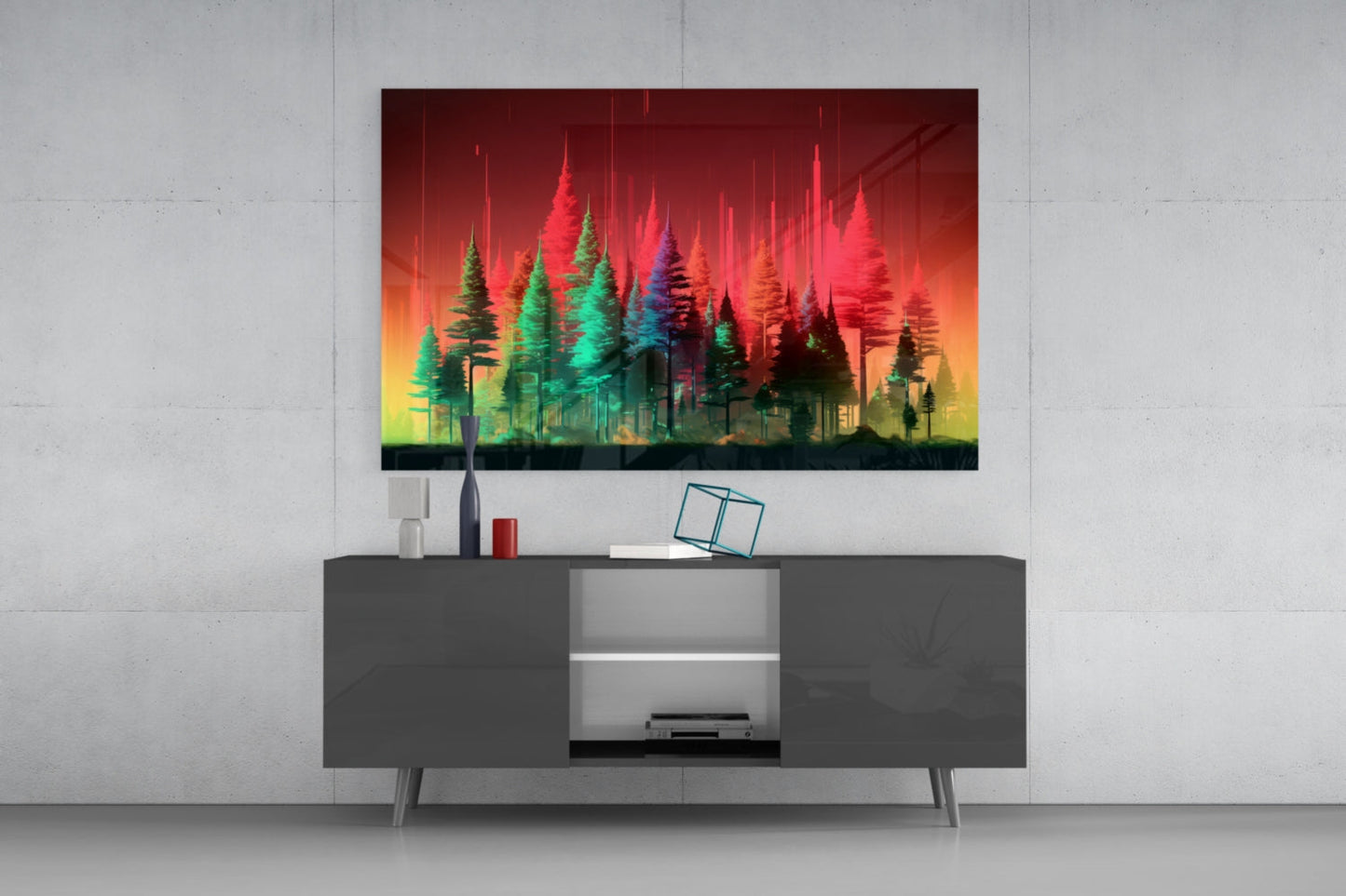 Neon Red Green Pine Forest Glass Wall Art