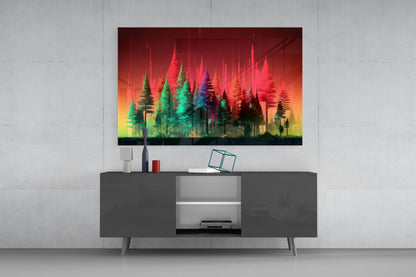Neon Red Green Pine Forest Glass Wall Art