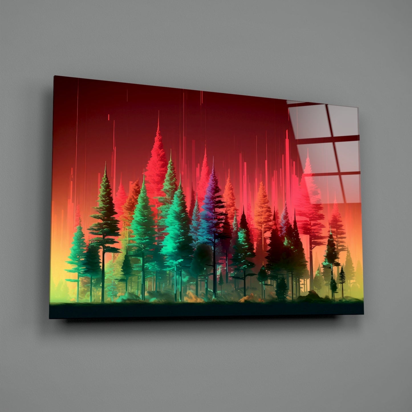 Neon Red Green Pine Forest Glass Wall Art