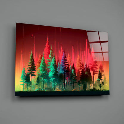 Neon Red Green Pine Forest Glass Wall Art